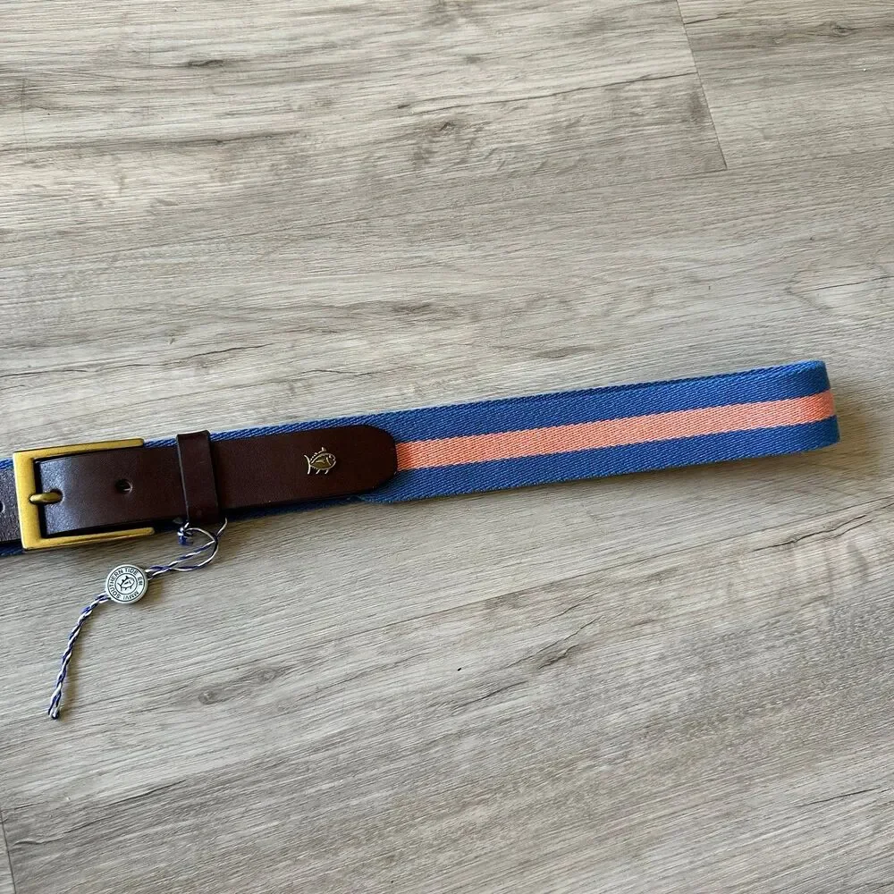 Southern Tide Blue & Orange Striped Woven Cotton Fabric Belt Dark Brown Leather